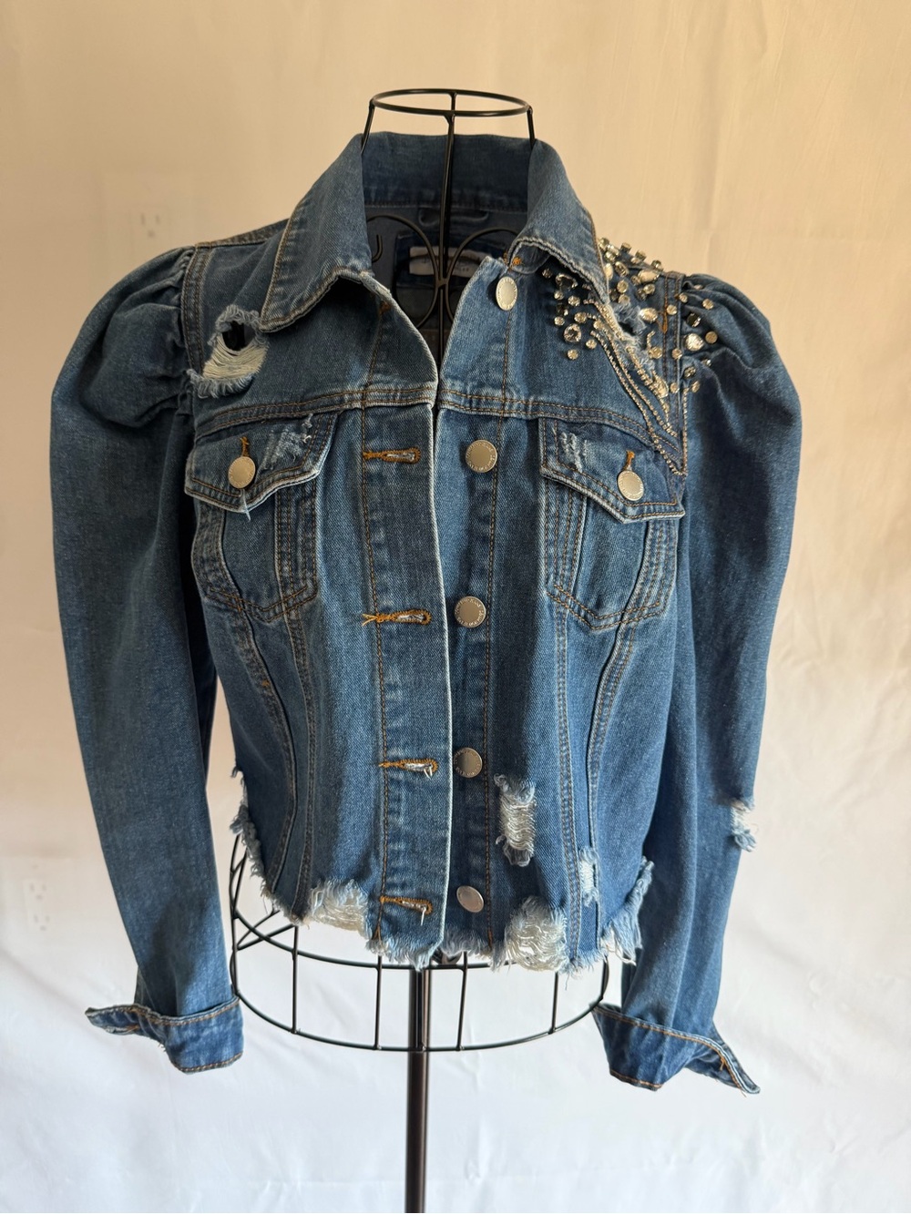 Denim BLVD Los Angeles Distressed Blue Denim Jacket with Crystal Shoulder